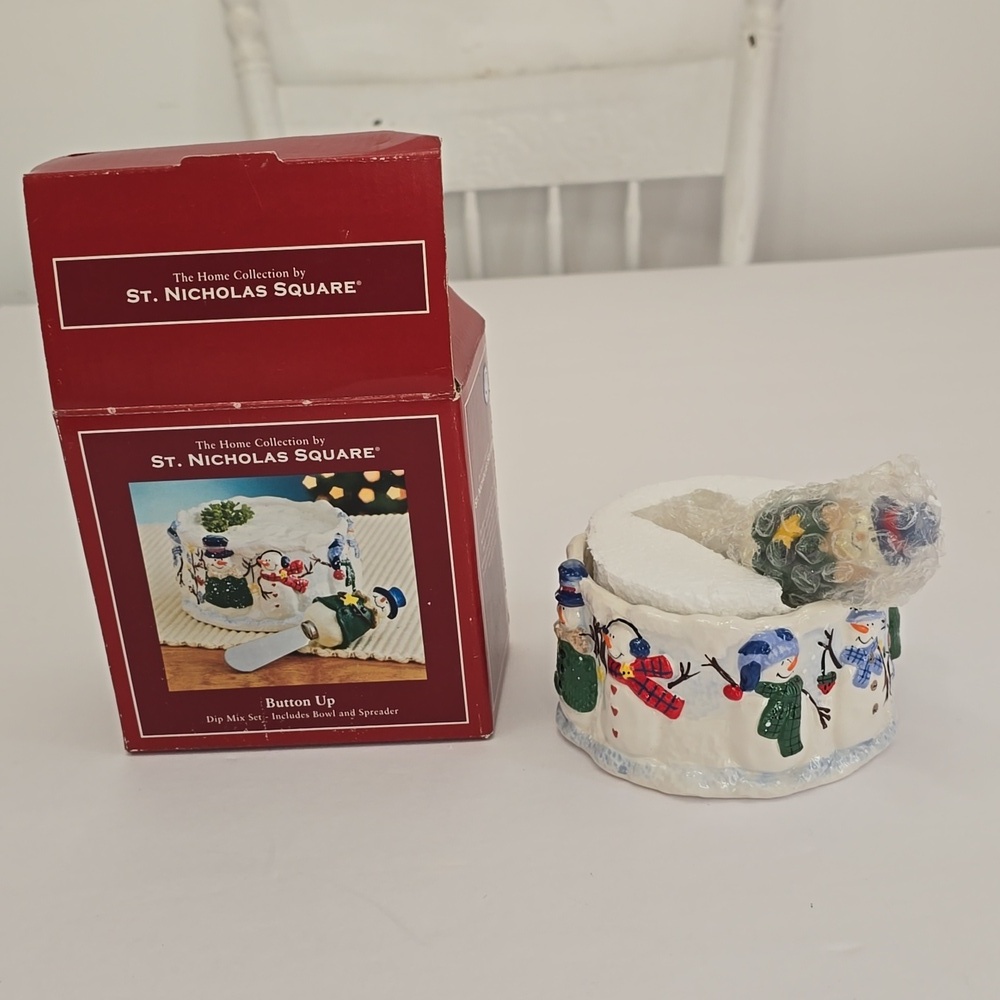 NIB St. Nicholas Square Snowmen Button Up Dip Mix Set Bowl Spreader Holiday